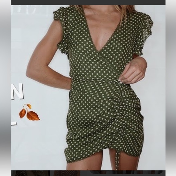 Tularosa Huntington olive Green polka dot Mini Dress with Flutter Sleeves - Picture 15 of 15